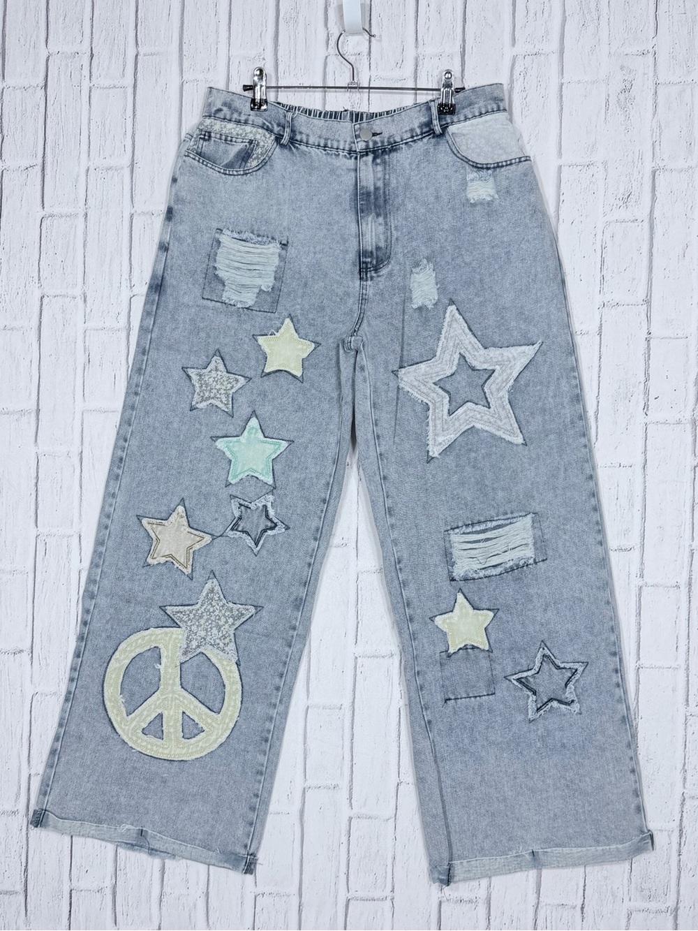 ⭐ Blue Velvet Star Peace Patch Distressed Wide Leg Jeans XL NWT Boho